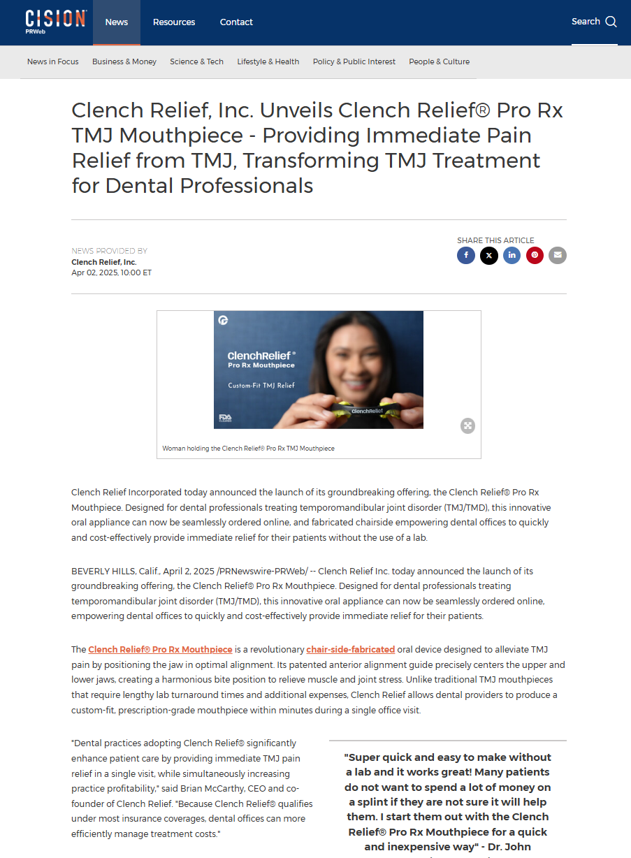 Clench Relief PRWeb Press Release