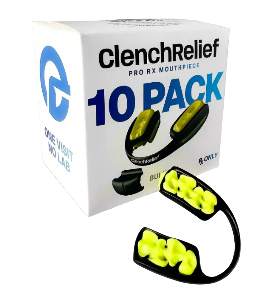 10 pack of the Clench Relief™ Pro Rx Mouthpiece in its box